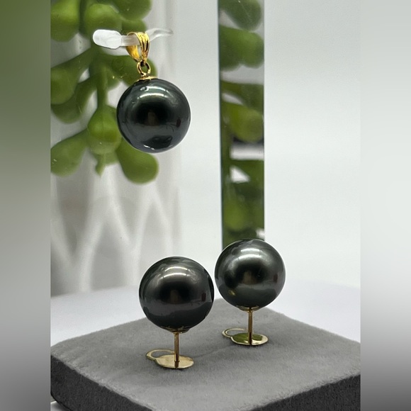 12.8mm South Sea Pearl Tahitian Blk Stud Earrings  with 13.2mm Pendant  … - Picture 4 of 15